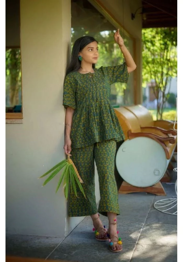 Dark Green Short Kurti Set with Ajrakh Hand-Block Print-1.webp